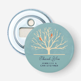 Moderne Oranje Vogels in een Grote Trouwboom Button Flesopener