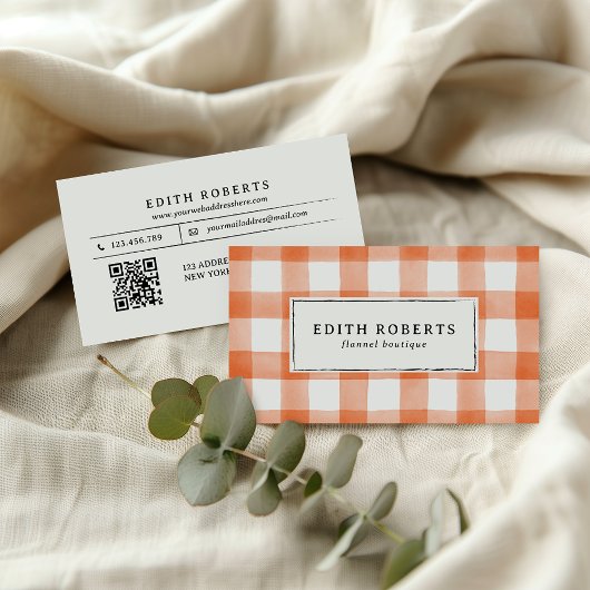 Moderne Oranje Waterverf Buffalo Plaid QR CODE Visitekaartje