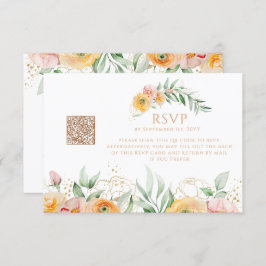 Moderne Oranje Waterverf Floral QR Code Bruiloft RSVP Kaartje