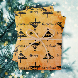 Moderne Oranje Zwarte Kerstboom Patroon Vakantie Inpakpapier Vel