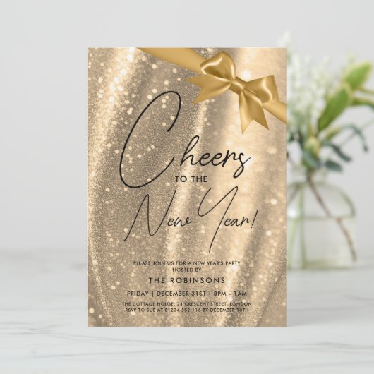 MODERNE oudejaarsavond Gouden Sparkle Sequin Bow Kaart (Staand voorkant)