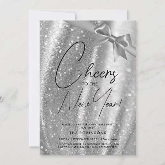 MODERNE oudejaarsavond zilveren Sparkle Sequin Bow Kaart (Voorkant)