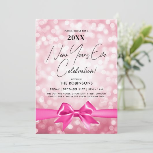 MODERNE oudejaarsfeest blush roze Bokeh Bow Kaart (Staand voorkant)