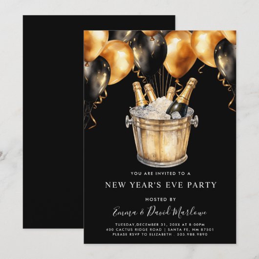 Moderne oudejaarsfeest gouden zwarte ballonnen kaart (Voorkant / Achterkant)