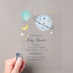 Moderne Outer Space Baby Shower Acryl Uitnodigingen