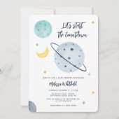 Moderne Outer Space Script Jongens Baby Shower Kaart (Voorkant)