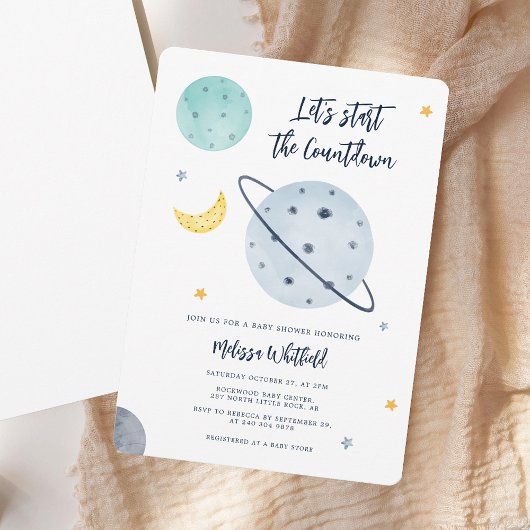 Moderne Outer Space Script Jongens Baby Shower Kaart