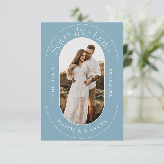 Moderne ovale foto Bewaar de datum Dusy Blue Save The Date (Staand voorkant)