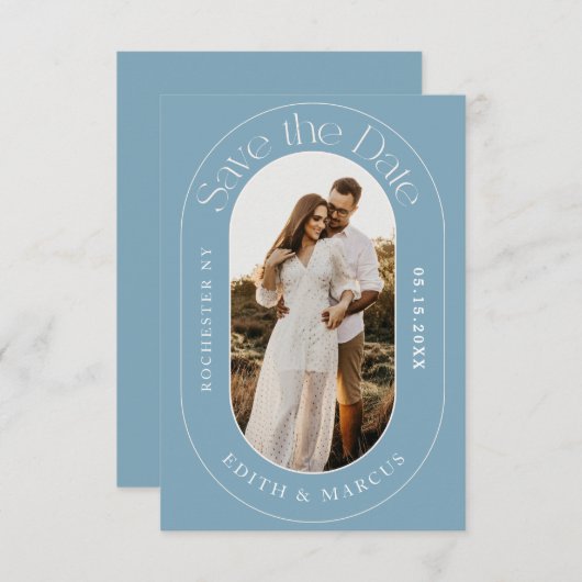 Moderne ovale foto Bewaar de datum Dusy Blue Save The Date (Voorkant / Achterkant)