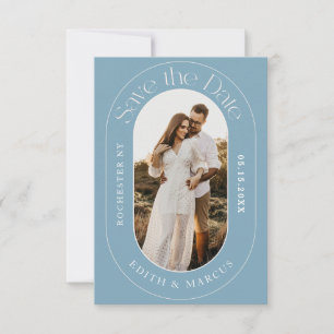 Moderne ovale foto Bewaar de datum Dusy Blue Save The Date