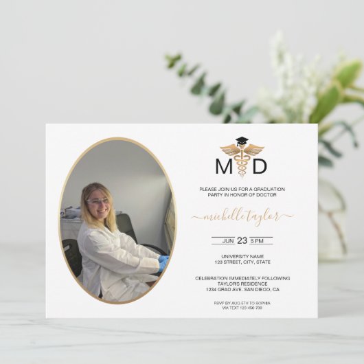 Moderne ovale foto MD Doctor of Medicine Afstudere Kaart (Staand voorkant)