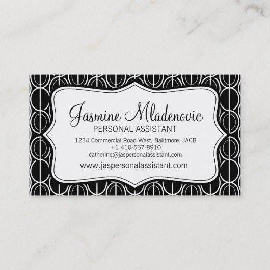 Moderne ovalen zwart-wit visitekaartje (Voorkant)