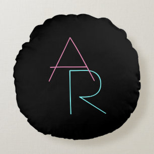 Moderne overlappende initialen Roze Turquoise Zw Rond Kussen