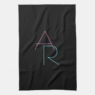 Moderne overlappende initialen Roze Turquoise Zw Theedoek