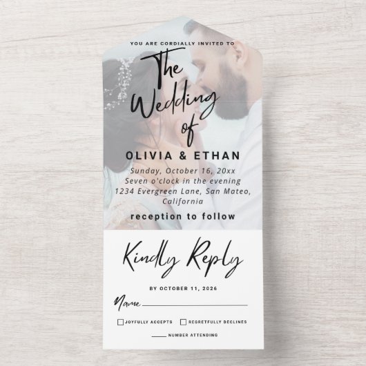 Moderne overlay foto bruiloft aanpassen all in one uitnodiging (Binnen)