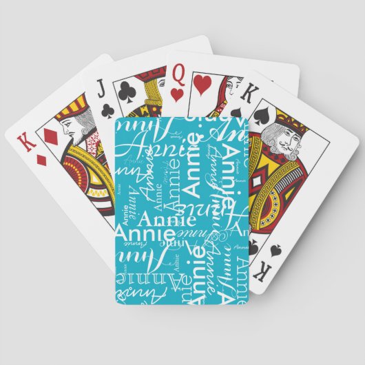 Moderne oversized herhalende naam Azure Blue Pokerkaarten (Achterkant)