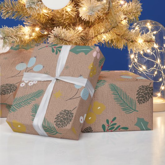 Moderne Oversized Kerst Loofpatroon Kraft Cadeaupapier (Feestdagen)