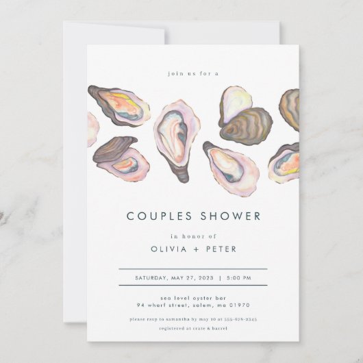 Moderne Oyster Couples Shower Invitation Beach Bla Kaart (Voorkant)