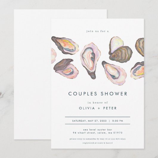 Moderne Oyster Couples Shower Invitation Beach Bla Kaart (Voorkant / Achterkant)