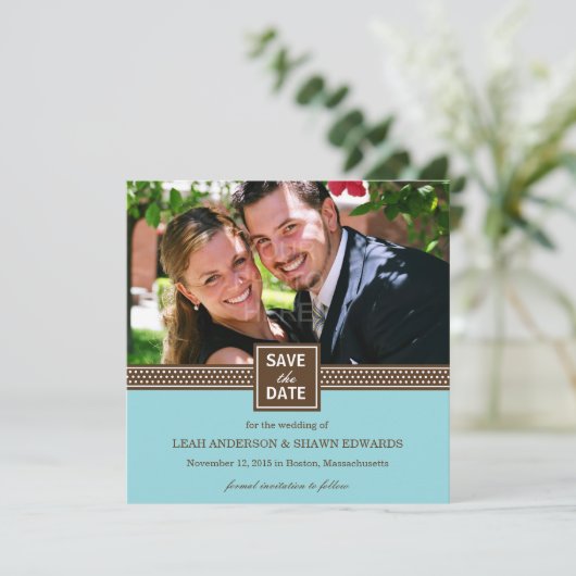 Moderne paar sparen de datum aankondigingsturquois save the date (Staand voorkant)