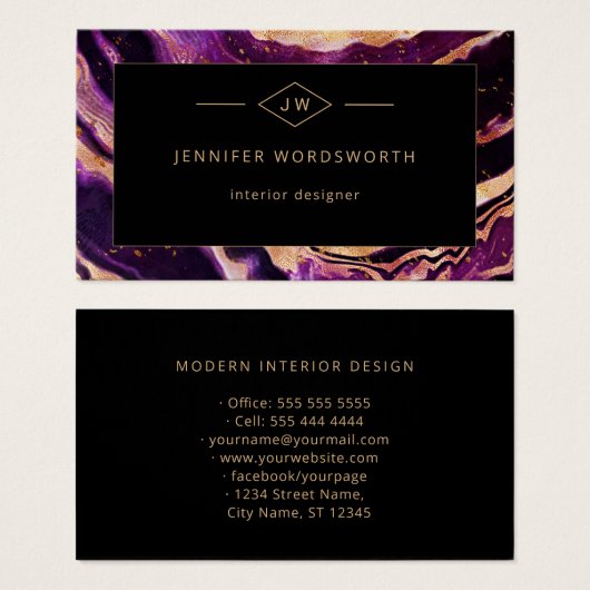 Moderne Paarse Abstracte zwarte tribune Visitekaartje (Voorkant /achterkant)