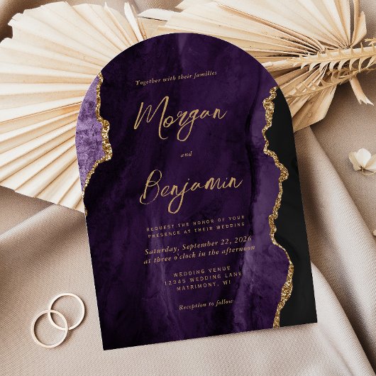 Moderne Paarse Agaat Chic Script Boog Vorm Trouwen Kaart