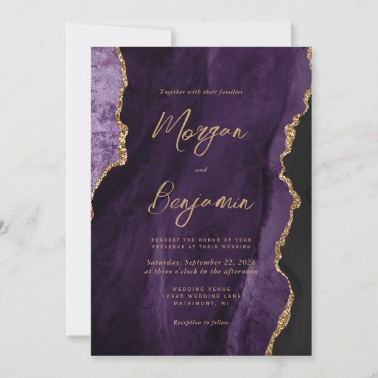 Moderne Paarse Agaat Chic Script Bruiloft Kaart (Voorkant)