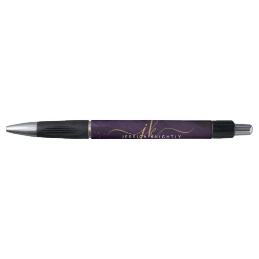 Moderne paarse agaat gouden glitterscript monogram pen (Voorkant)