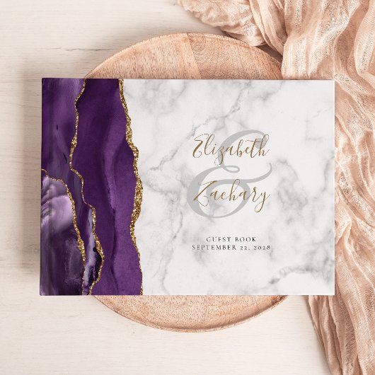 Moderne paarse agaat gouden script marmer gastenboek