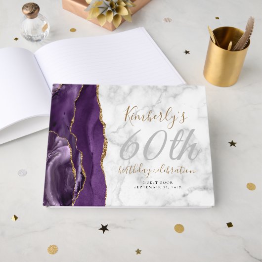 Moderne paarse agaat gouden script marmeren verjaa gastenboek (Voorkant open)
