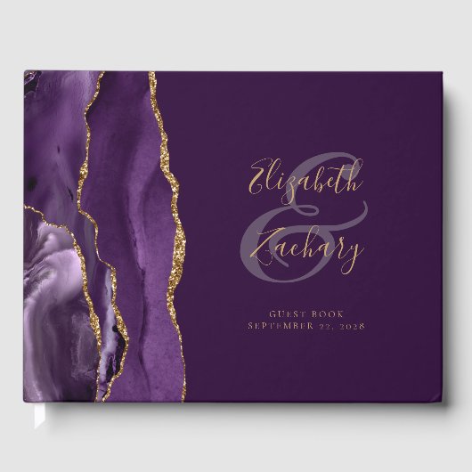 Moderne Paarse Agaat Gouden Script Pruim Gastenboek (Voorkant)