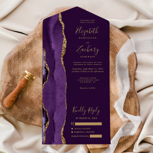 Moderne Paarse Agaat Plum Bruiloft All In One Uitnodiging