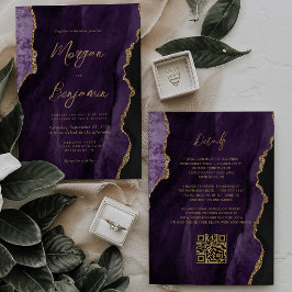 Moderne Paarse Agaat Script QR Code Trouwdag Kaart