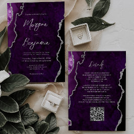 Moderne Paarse Agaat Zilveren Script QR Code Bruil Kaart