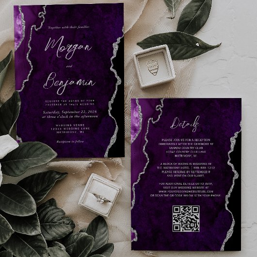 Moderne Paarse Agaat Zilveren Script QR Code Bruil Kaart