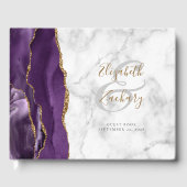 Moderne Paarse Agate Gold Script-marmer Gastenboek (Voorkant)