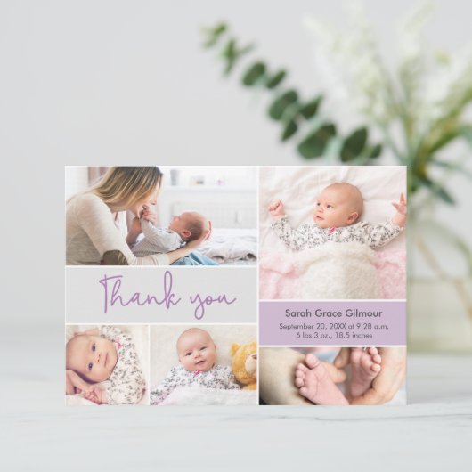 Moderne Paarse babymeisje Aangepaste foto-collage Bedankkaart (Staand voorkant)