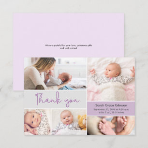 Moderne Paarse babymeisje Aangepaste foto-collage Bedankkaart