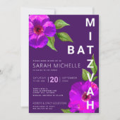 Moderne Paarse BBT Mitzvah Pink Floral Waterverf Kaart (Voorkant)