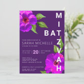 Moderne Paarse BBT Mitzvah Pink Floral Waterverf Kaart (Staand voorkant)