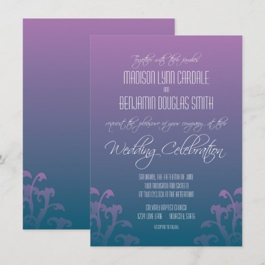 Moderne Paarse blauwe bruiloft Kaart (Voorkant / Achterkant)