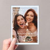 Moderne Paarse Blauwe Gingham Fotoafstudeerfeest Acryl Uitnodigingen (Insitu (Draagbaar))