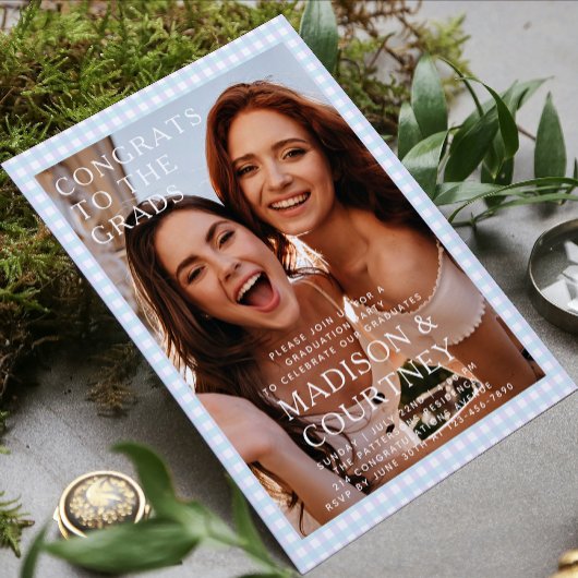 Moderne Paarse Blauwe Gingham Fotoafstudeerfeest Kaart