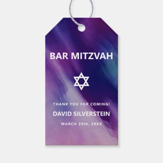 Moderne Paarse Blauwe Ster David Bar Mitzvah Hebre Cadeaulabel (Voorkant)