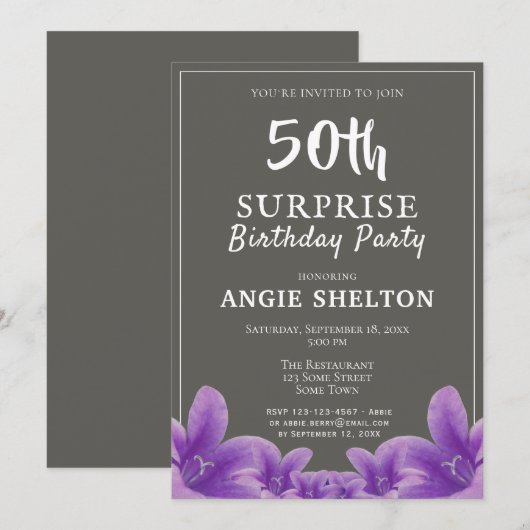 Moderne Paarse Bloemen 50e Verrassing Verjaardagsf Kaart (Voorkant / Achterkant)