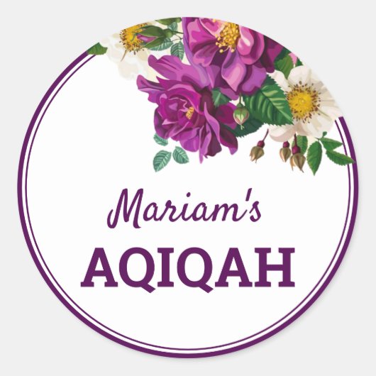 Moderne Paarse Bloemen Baby Meisje Aqiqah Ronde Sticker (Voorkant)
