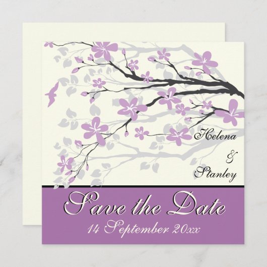 Moderne paarse bloemen bruiloft Save the Date (Voorkant / Achterkant)