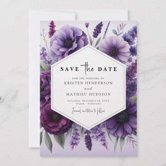 Moderne Paarse bloemen bruiloft Save The Date (Voorkant)