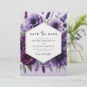 Moderne Paarse bloemen bruiloft Save The Date (Staand voorkant)