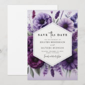 Moderne Paarse bloemen bruiloft Save The Date (Voorkant / Achterkant)